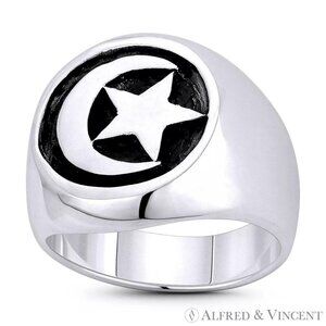Crescent Moon & Star Turkish Islam Charm Men's Ring in .925 Sterling Silver Sz12